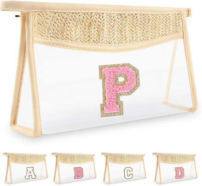 Small Boho Straw Initial Letter Makeup Bag Personalized Gift ,Cute Clear Chenille Patch Makeup Bag With Zipper,Trendy TSA Approved Travel Toiletry Bag,Gift for Women Girls Birthday Friend, Letter P