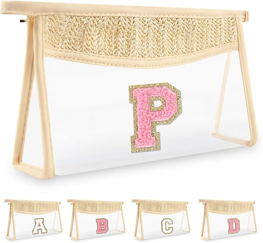 Small Boho Straw Initial Letter Makeup Bag Personalized Gift ,Cute Clear Chenille Patch Makeup Bag With Zipper,Trendy TSA Approved Travel Toiletry Bag,Gift for Women Girls Birthday Friend, Letter P
