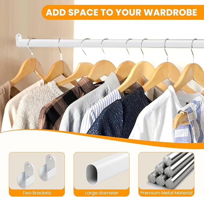 Oval Closet Rod for Hanging Clothes Adjustable Closet Rods 18 to 87 Inch Heavy Duty White Poles Bar Closet Rod Expandable for Wardrobes Laundry RV