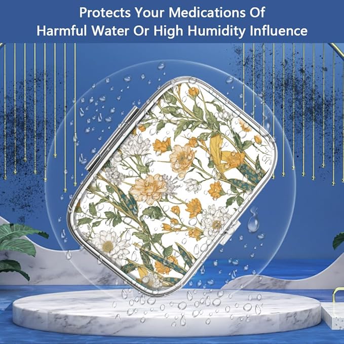 2 Compartment Pill Box, Portable for Pocket or Handbag, Decorative Metal Pill Box, Vitamin Organizer, Unique Gift (1 Piece, 39-Flowers Pinck)