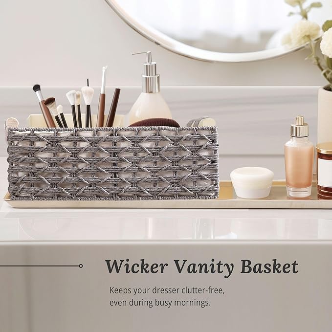 DECOMOMO Toilet Tank Basket, Wicker Storage Bins for Countertop, Toilet Top Organizer, Back of Toilet Basket, Pantry, (Grey, Set of 3)