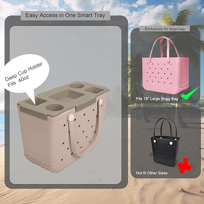 Tote Topper Tray Accessories for Bogg Bag Large Only – Waterproof EVA Table Top Organizer Lid with Cup Holder, Snack, Phone & Drink Holders for Beach, Pool, Picnic, Travel (Khaki)