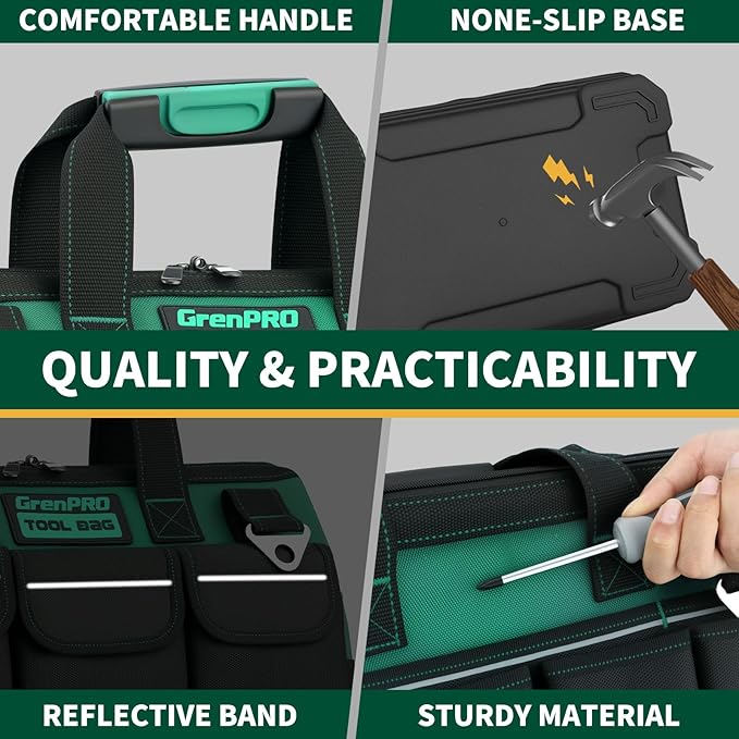 Tool Bag 16 Inch Heavy Duty, 18-Pocket Molded Bottom Toolbox Organizer, Portable Waterproof, Upgraded Handle Tool Bag with Adjustable Shoulder Strap for Mechanics, DIY, Dad Birthday Gift