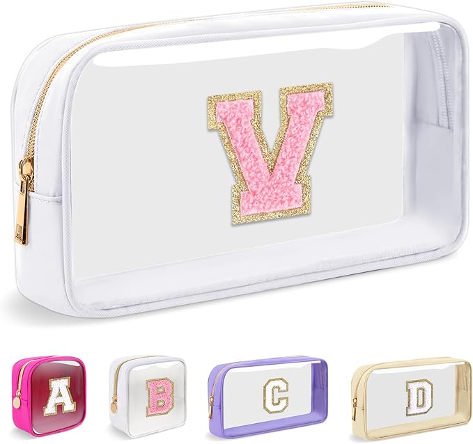 Small Clear Personalized Initial Makeup Bag, Preppy Nylon A-Z Chenille Letter Patch Makeup Organizer TSA Approved Travel Toiletry Bag,Waterproof Zip Beach Cosmetic Pouch Purse for Women(White-Pink V)