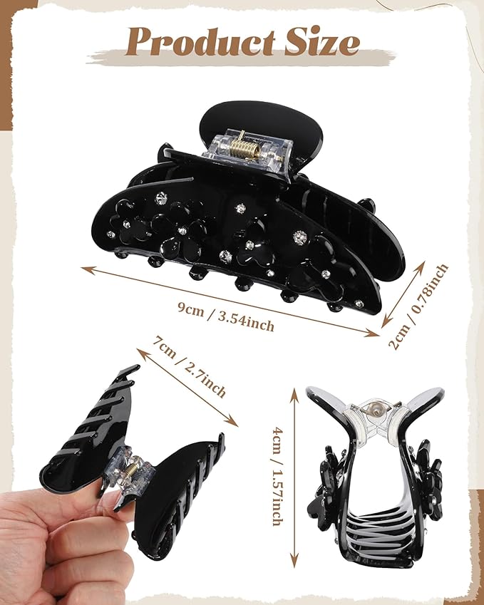 3PCS Acrylic Flower Hair Claw Clips - 2 Styles Durable Medium Small Claw Clips for Women, Strong Hold Cute Non Slip Stylish Accessories Decroation Buns for Thick Thin Hair (black)