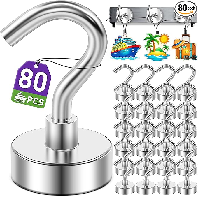 80 Pack Magnetic Hooks for 2026 Cruise Cabins Beach Vacation 30lbs+ Heavy Duty Magnet with Hook Metal Magnetic Hooks for Kitchen Fridge Grills Hanging Magnet Hooks for Classroom Locker Whiteboard