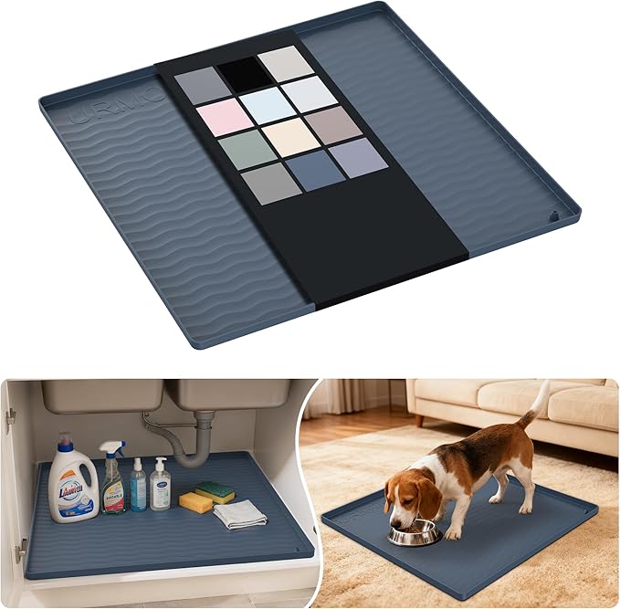 URMONA Waterproof Silicone Under Sink Mat 22'' x 22'' Shelf Liner for Kitchen and Bathroom, Cabinet and Counter Protector, Storage and Organizers, Litter Mat, Pet Cat Puppy Essentials(Dark Grey)