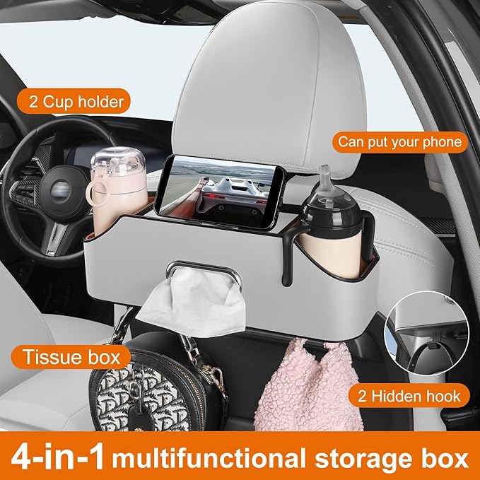 Sancaral Car Rear Backseat Extra Multifunctional Drink Cup Holder Organizers with Tissue Storage Box Organizer & Hooks for Car Seat Back (Gray)