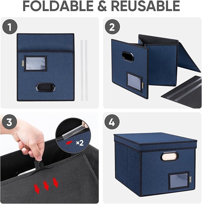 BALEINE File Organizer Box with Lid, Collapsible File Folder Organizer with Plastic Slide, Hanging File Folder Box for Office Document Storage (Tab Friendly, 2 Pack, Blue)