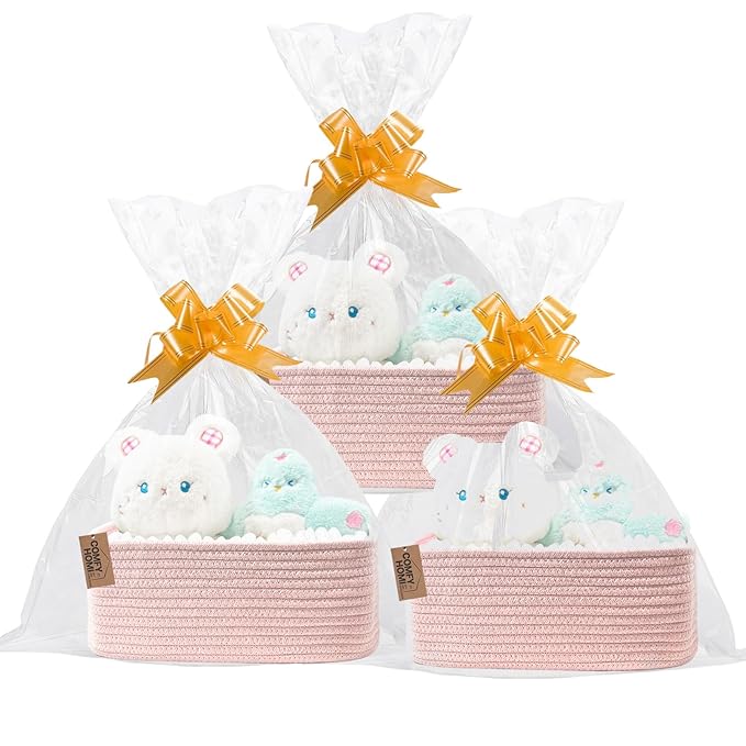 COMFY-HOMI 13" x 8.5" x 5.1"Storage Baskets for Organizing | Cotton Rope Woven Basket | Toy Storage Bin Box | Basket for Shelves, Closet Organizer Bin, Decorative Closet Shelf, 3 Pack, All pink