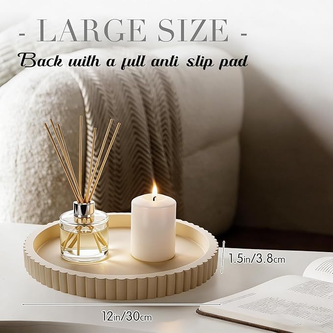 Round Concrete Decorative Tray for Coffee Table Decoration 12" Modern Cream White Table Centerpieces Decorative Ottoman Tray for Serve Home Decoration Accent Bandejas Decorativas Gift