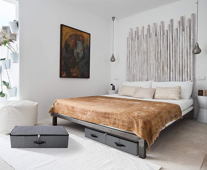 Omygarden Foldable Fabric Sturdy Under Bed Storage Box with 6 Handles, Zipper Lid, Blankets Clothes Comforters Storage Bin Organizer for Bedroom and Closet, 35x 16.5 x 7inch, Black Grey