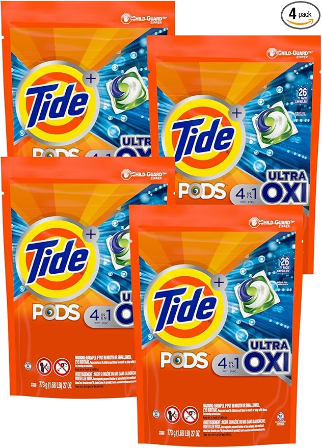 Tide PODS Ultra Oxi 4-in-1 Laundry Detergent Pacs, 26 Count, Pack of 4