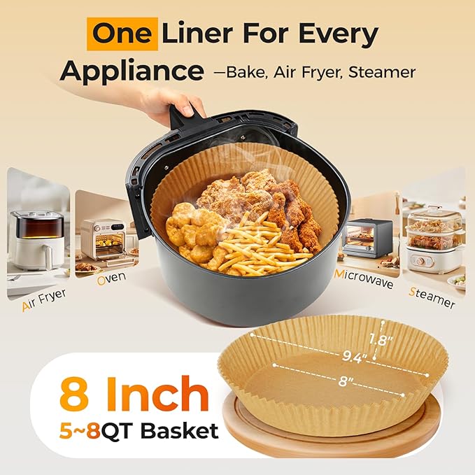 Air Fryer Liners for Ninja, 205 PCS Heavy-Duty Disposable Air Fryer Liners, 8" Round Airfryer Paper Liners for 5-8 QT Basket, Oil-Proof & Non-Stick Parchment Paper for Baking, Microwave, Oven, Pans
