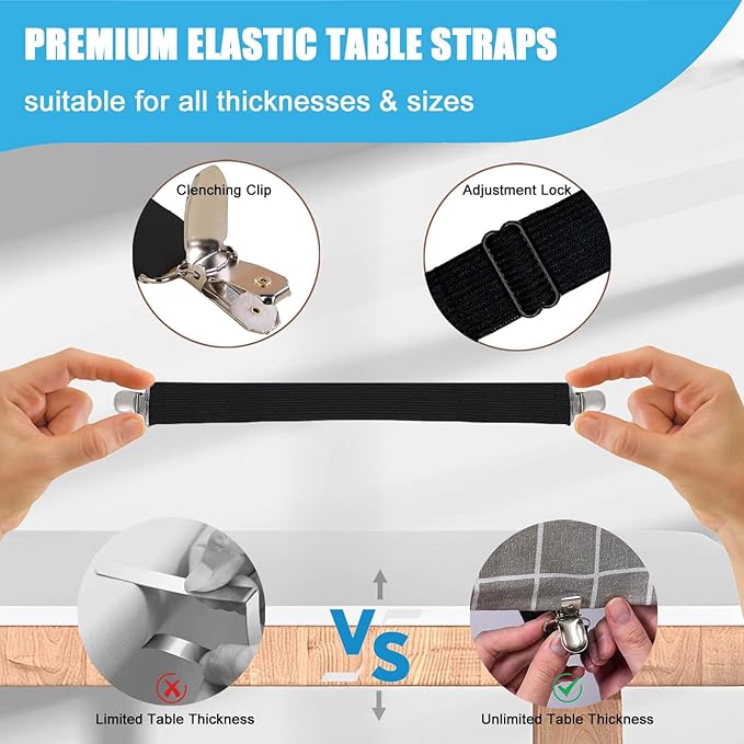 Tablecloth Clips for Outdoor Thick Tables Hidden Strap 5 Pack, Adjustable Elasticity Picnic Table Cloth Holder Clip Large Clamp for Bench Cover Party Restaurant Camping RV Essential Accessory Black