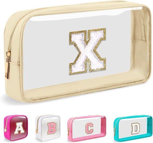 Small Clear Personalized Initial Makeup Bag, Preppy A-Z Chenille Letter Patch Cosmetic Bag, Cute Transparent Nylon Waterproof Zipper Beach Varsity Letter Pouch, Gift for Women Girls(Beige-White X)