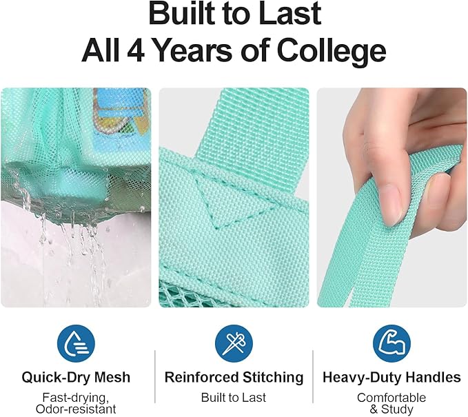 F-color Mesh Shower Caddy Portable, Upgraded Deeper 7-Pocket Shower Bag Basket Tote for College Dorm Room, Toiletry, Bathroom Essentials, Gym, Camp, Quick Dry, 2 Handles with S Hook, Sage Green