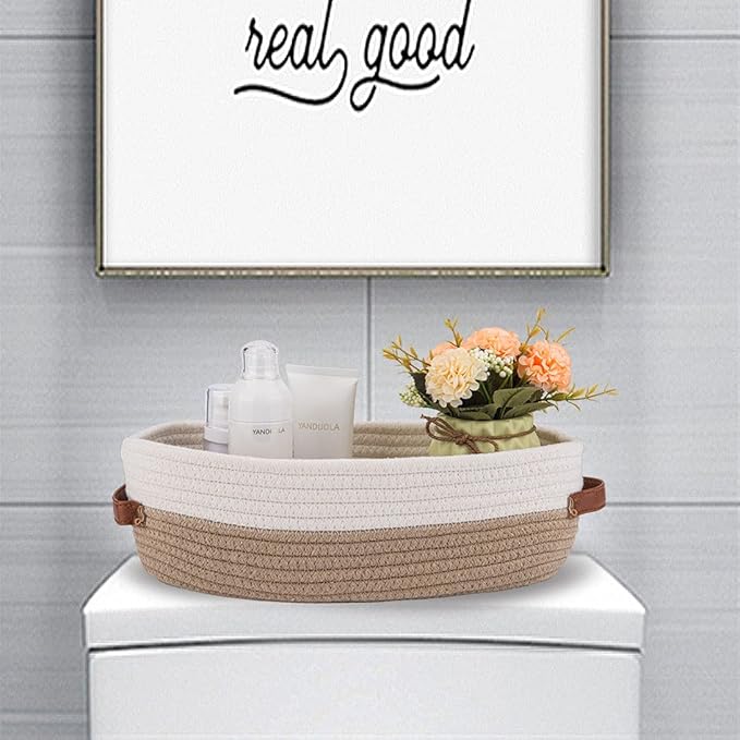 2 Pack Cotton Rope Bathroom Decor Basket,Toilet Paper Holder Basket,Farmhouse Home Decor Organizing Baskets 13"x5.9"x4" Brown Stitching White
