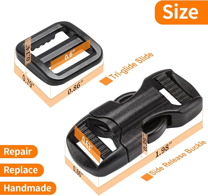 5/8" Buckle and Strap Set: 6 Yards of Thick Nylon Webbing, 6 Pack Quick Side Release Adjustable Plastic Buckles, 12 Tri-Glide Slide Clips, Black (5/8 Inch Combo Set)