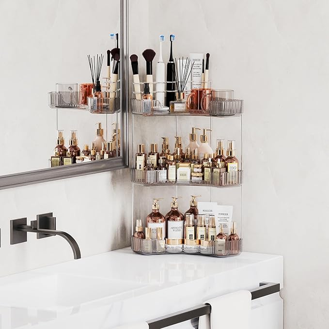3-Tier Corner Bathroom Counter Organizer with Top Toothbrush Holders,Large Makeup Organizer Countertop with Brush Holder,Skincare Organizers Corner,Exquisite Vanity Organizer (Gray, 3 Tier)