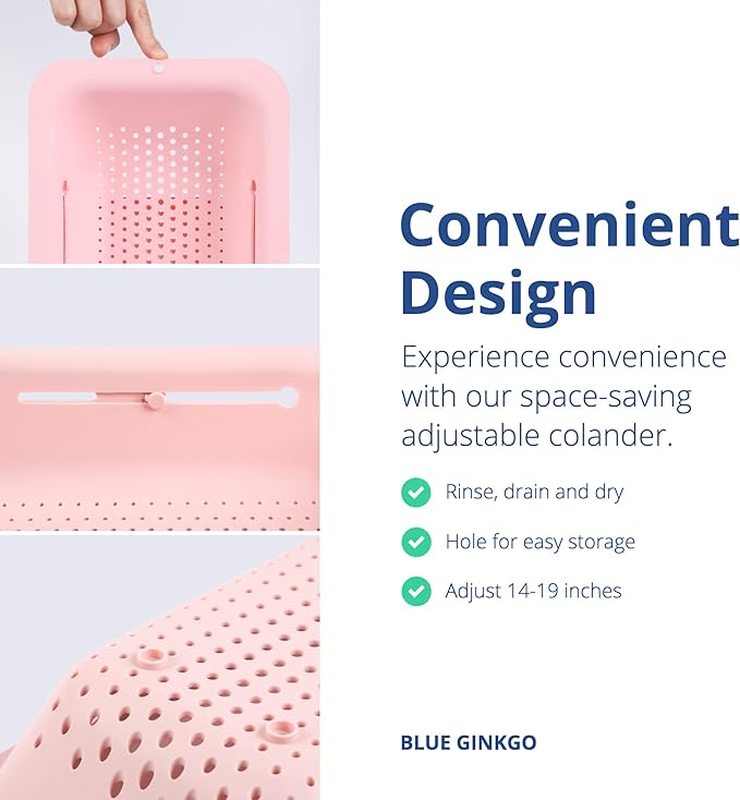 BLUE GINKGO Over the Sink Colander Strainer Basket - Wash Vegetables and Fruits, Drain Cooked Pasta and Dry Dishes - Extendable - New Home Kitchen Essentials (7.9 W x 14.5-19.5 L x 2.75 H) (Pink)