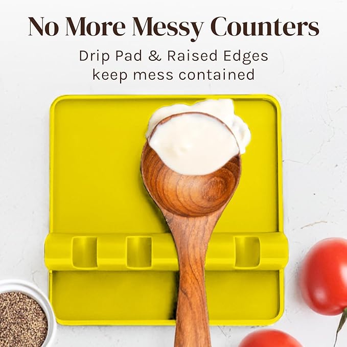 Yellow Silicone Spoon Rest for Stove Top with Drip Pad (Two Pack) - Heat Resistant BPA Free Utensil Rest & Spoon Holder for Kitchen Counter - Grill Utensil Holder - Spatula Holder, Tongs, Ladle