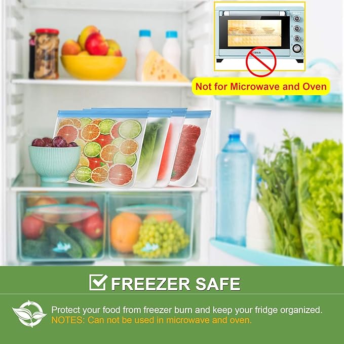 6 Pack Dishwasher Safe Reusable Gallon Freezer Bags Food Storage Bags, Extra Thick Leakproof Silicone & Plastic Free Ziplock Bags for Meal Prep, Fruits, Sandwich, Snack, Travel Items