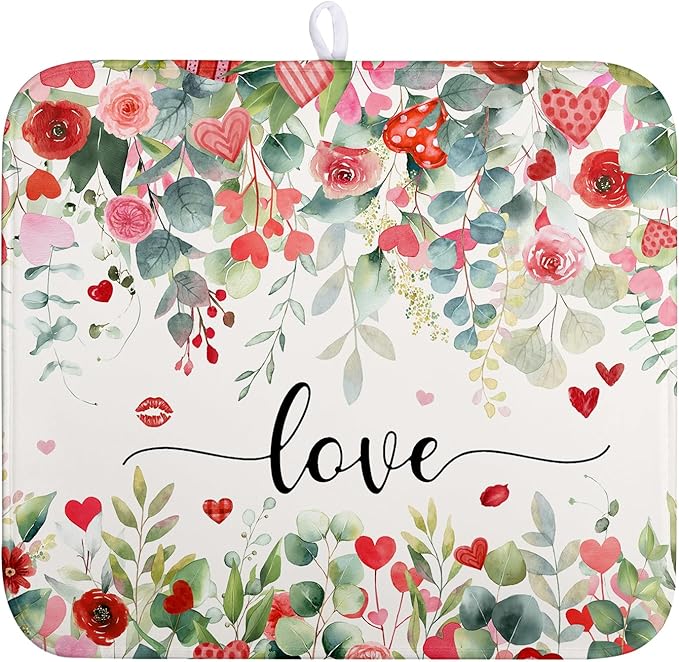 Valentines Day Love Heart Rose Eucalyptus Leaves Dish Drying Mat for Kitchen Counter 16x18 Inch Spring Valentine Microfiber Absorbent Dish Drainer Mats Reversible Drying Pad