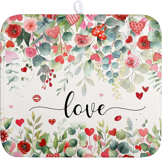 Valentines Day Love Heart Rose Eucalyptus Leaves Dish Drying Mat for Kitchen Counter 16x18 Inch Spring Valentine Microfiber Absorbent Dish Drainer Mats Reversible Drying Pad