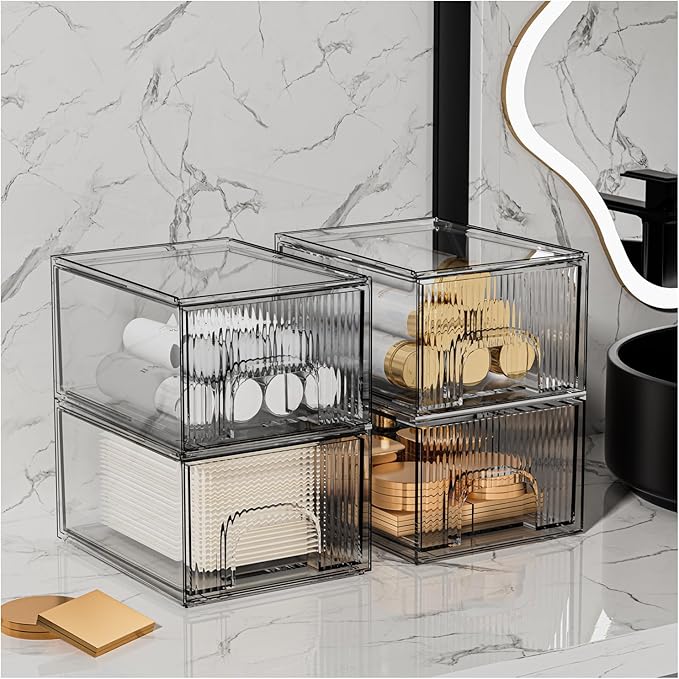 ZHIAI 4 Pack Clear Stackable Storage Drawer, Acrylic Drawer, Cosmetic Organizer, Plastic Organizer for Dresser, Under, Kitchen Cabinet, Pantry, Home Organization and Storage