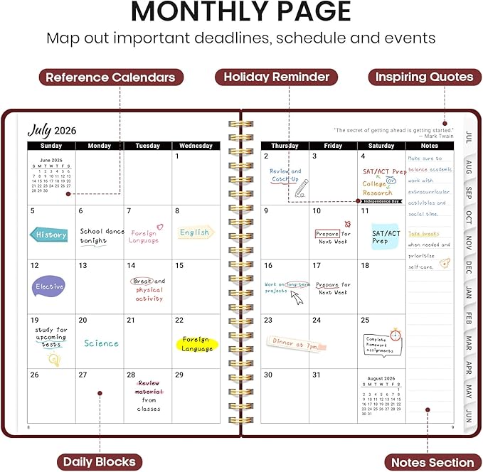 Planner 2026-2027 for Women & Men, Academic Monthly and Weekly Calendar Planner, Jul 2026 - Jun 2027, A5 (6.3" x 8.5"), Teacher Student Planning Book with Tabs, Ideal for Office School Supplies - Burgundy