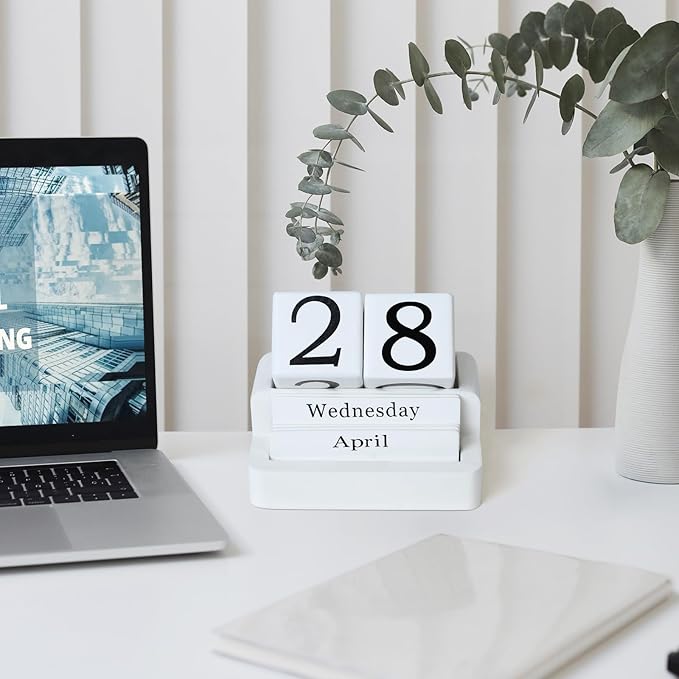 Wooden Block Calendar for Desk, Daily Desktop Perpetual Desk Calendar, Modern Farmhouse Aesthetic Desk Accessories for Home Office Decor, Teacher, Classroom, Reusable Yearly, White