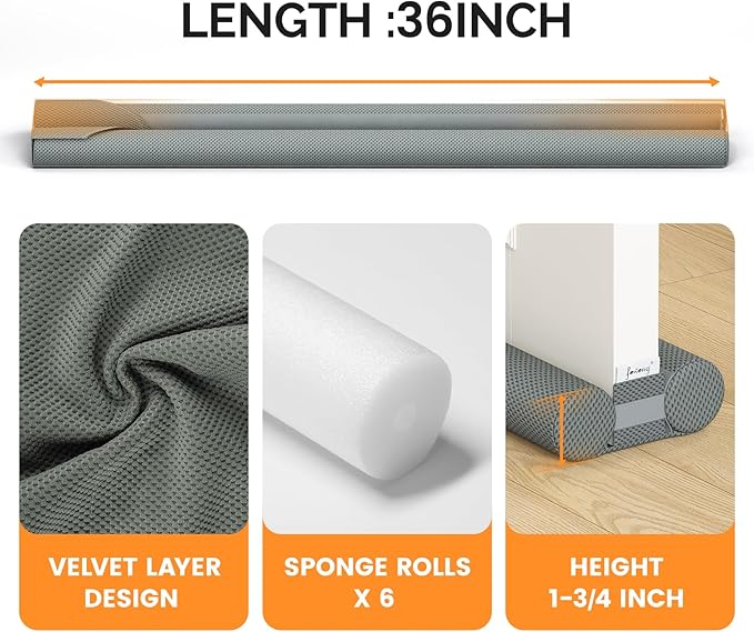 fowong Door Draft Stopper 36 Inch Adjustable Draft Stopper for Bottom of Doors, 30" to 36" Soundproofing Noise Blocker Cover Gap up to 1.5", Grey