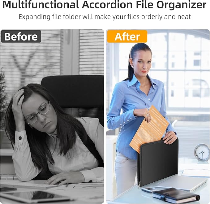 Fireproof Accordion File Organizer, Portable Expanding File Folder with Waterproof Zipper&Labels, Black Document Organizer with 13 Pockets, File Organizer for Important Document/Paper Storage