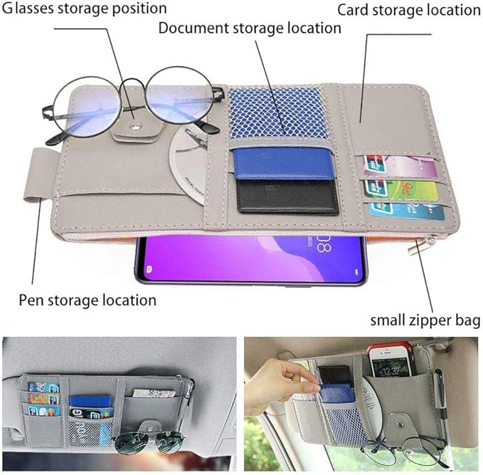 Car Sun Visor Organizer, Auto Interior Accessories Pocket Organizers, Registration and Document Holder, Personal Belonging Storage Pouch Organizer, Items for Car Vehicle (Grey)