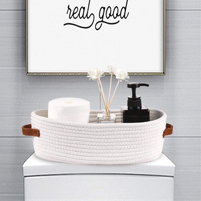 2 Pack Woven Storage Basket for Toilet Tank Top,Farmhouse Home Decor Organizing Baskets for Bathroom,Table and Counter 13"x5.9"x4" White