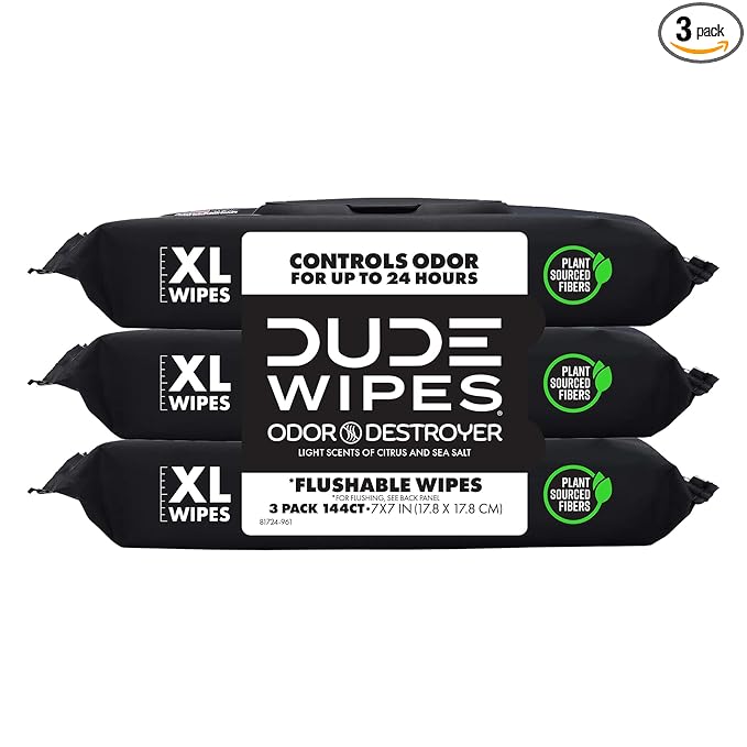 DUDE Wipes Odor Destroyer Flushable Wipes - Extra-Large Adult Wet Wipes - 3 Pack (144 Count) - Deodorizing, Lightly Scented, Controls Odor for up to 24 Hours - Septic and Sewer Safe