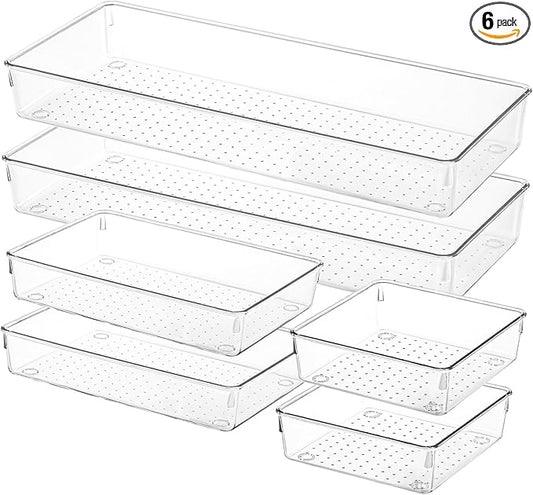 Voova 6 Pack Plastic Drawer Organizers Set,3-Size Kitchen and Office Desk Drawer Organizer Trays, Acrylic Non Slip Storage Bin Divider for Makeup,Jewelry,Gadgets Utensils,Bedroom,Bathroom Vanity,Clear