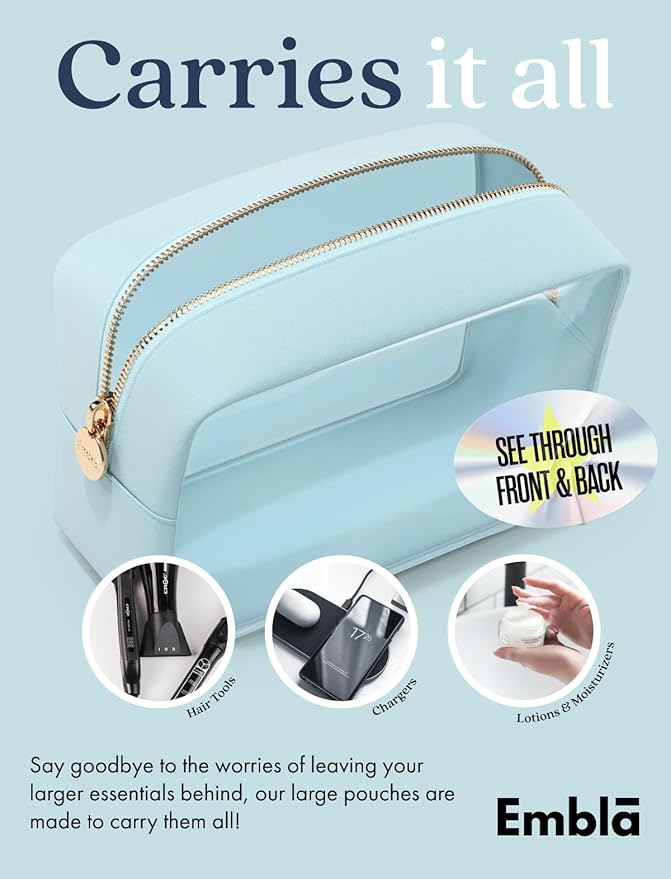 Clear Makeup Bag Zipper Pouch, Transparent Cosmetic Case Organizer, TSA Approved Travel Toiletry Case, Travel Accessories Essentials Makeup Tote for Women, Large Cute Make up Bag for Purse - Sky