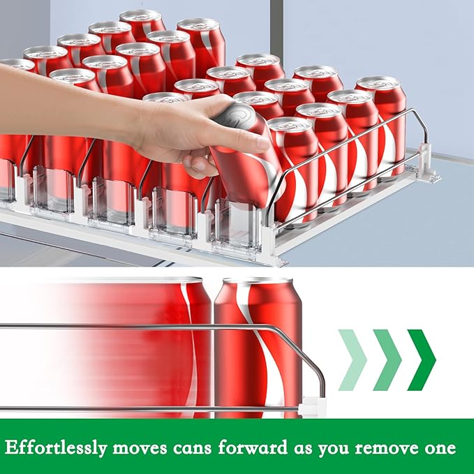 Drink Organizer for Fridge - White Automatic Pusher Glide, 12oz 16oz 20oz - Soda Dispenser for Fridge - Holds up to 25 Cans