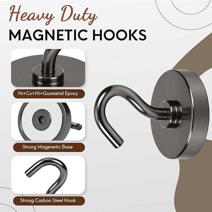 Neosmuk Magnetic Hooks, Heavy Duty 85lb+ Strong Magnet Hook for Cruise Cabins, Cruise Ship Essentials for Hanging, Metal Wall Refrigerator Hangers (Gunmetal, 10 Pack)