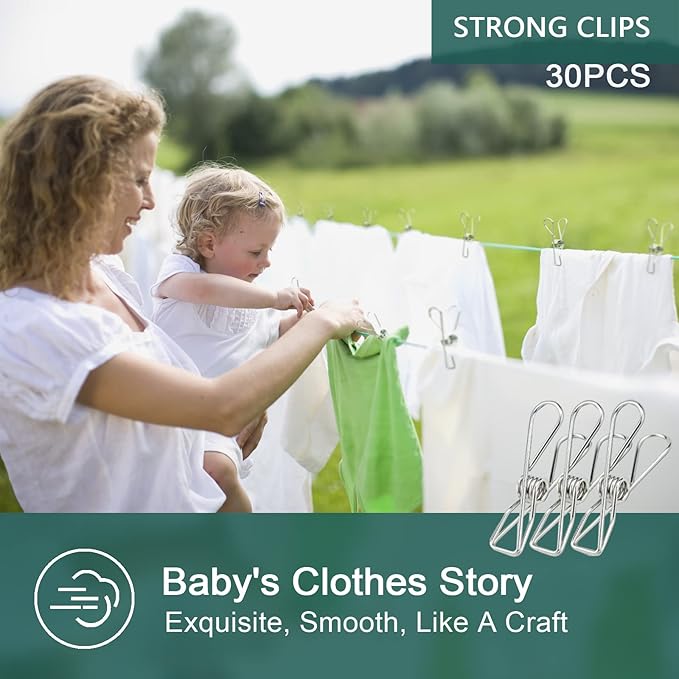 (30PCS) Stainless Steel Laundry Clothes Pins Heavy Duty Outdoor, Clothespins for Hanging, Metal Clips, Metal Clothes pins, Snack Bag Chip Clips for Food Packages, Close pins