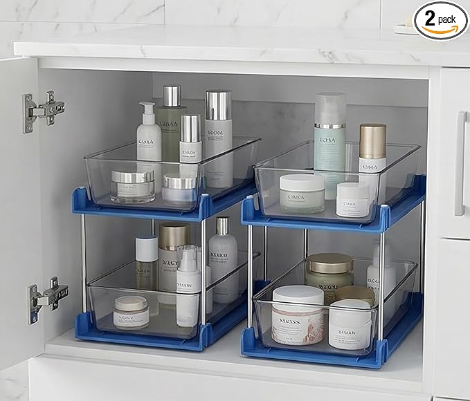 2 Pack 2 Tire Under Sink Organizer, Bathroom Organizers and Storage,Cabinet Drawers Bins, Pull-Out Organization with Track for Pantry, Kitchen,Fridge,Vanity Countertop (blue