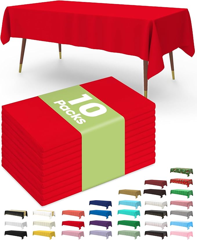 Pureegg Plastic Table Cloth Disposable 10 Pack, 54 x 108 Inch Table Cloths, Valentines Day, Thanksgiving, Christmas Decorations, Fall Tablecloths, Rectangle, Plastic Cover, Leakproof & Sturdy, Red
