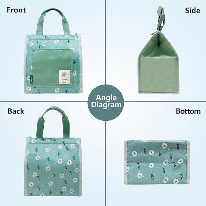 Lunch Bag for Women Men, Reusable Leakproof Lunch Tote with Thermal Lining, 7L Insulated Portable Lunch Box Cooler Bag for Work, Office, Picnic, Beach & Travel –Green Flower(2PACK)