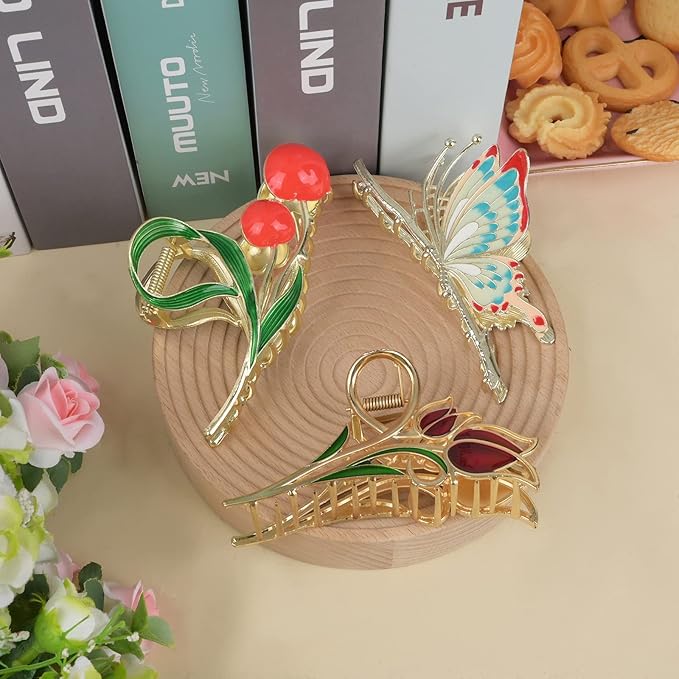 3-Piece Flower Metal Hair Clips, Tulip Floral Hair Claw for Thin/Medium Thick Hair, Elegant Butterfly Barrettes Strong Hold Clamps Non-Slip Cute Cherry Claws Accessories