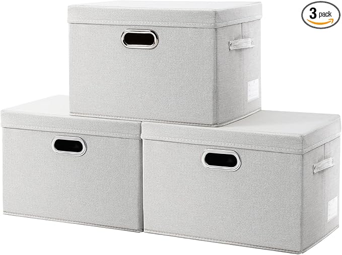 PRANDOM Large Collapsible Storage Bins with Lids [3-Pack] Fabric Foldable Storage Boxes Organizer Containers Baskets Cube with Cover for Home Bedroom Closet Office Beige (17.3x11.8x11.8)