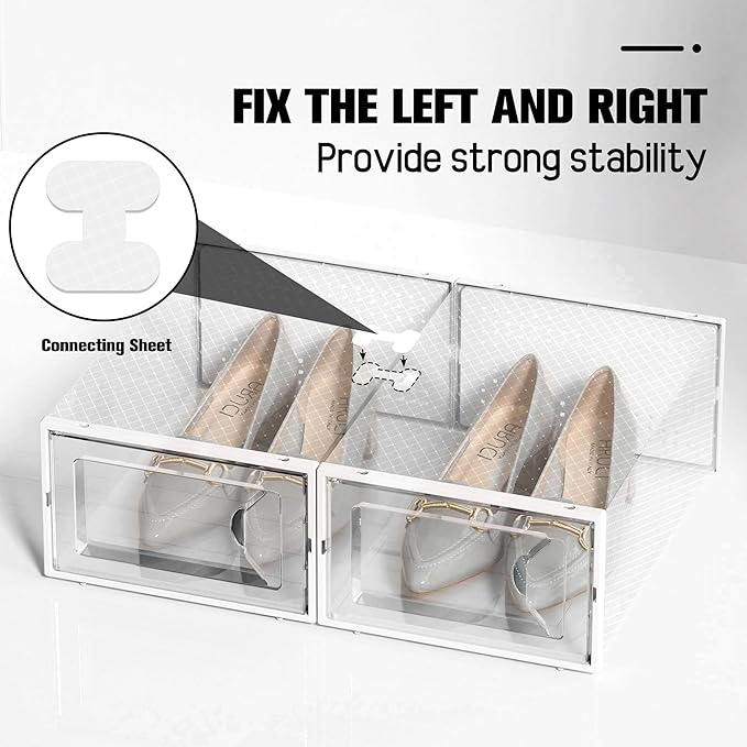 Kuject 15 Pack Shoe Storage Boxes, Large Clear Plastic Stackable Shoe Organizer for Closet, Connect Left and Right Shoe Boxes Case Container Bin for Entryway, Drop Front, Fit for Size 10 (White)
