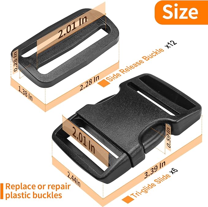 2" Heavy-Duty Buckle & Straps Set: 6-Pack Side Release Plastic Buckles, 6 Yards of Thick Nylon Webbing, 12 Tri-Glide Slide Clips, No Sewing Required (2 Inch Combo Set)