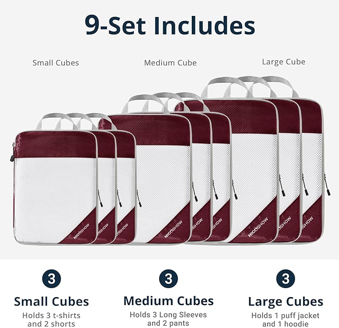 9-Piece Compression Packing Cubes for Travel - Compressible, Lightweight, and Space-Saving Packing Cubes, Travel Essentials for Women, Wine